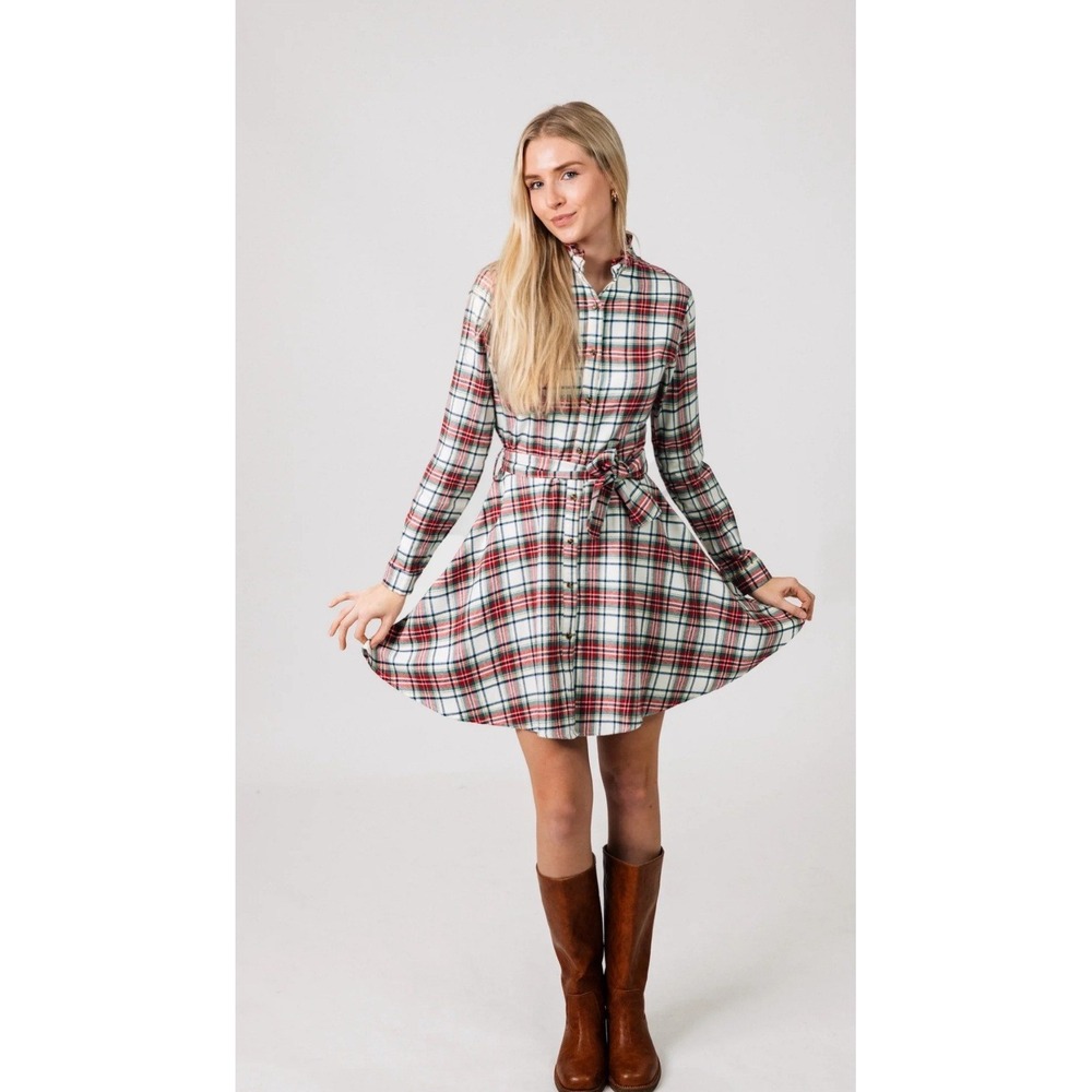 Kiel James Patrick Shirtdress Womens XS Red Plaid Excellent Flannel Mini Belted - Picture 2 of 9